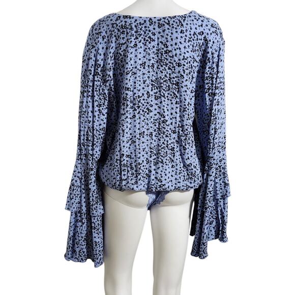 Free People Floral Print Cornflower Blue Bodysuit Boho Bell Sleeve Medium - Picture 5 of 7
